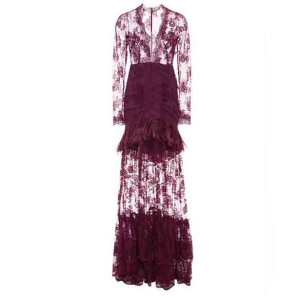 Costarellos Dresses & Skirts - Elegant Burgundy Lace and Feather Floor-Length Long-Sleeve Maxi Dress BNWT 36